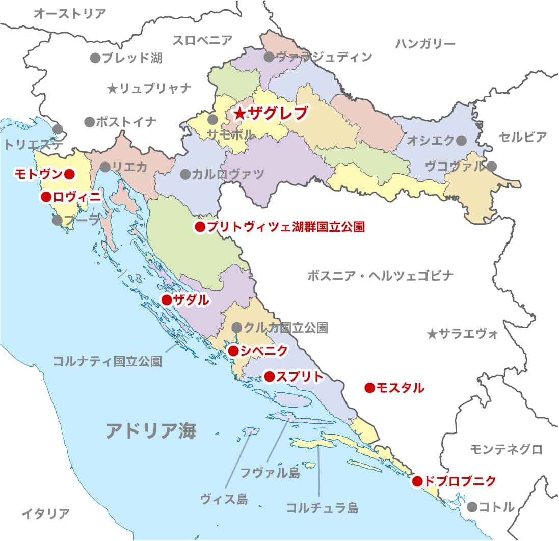 ザグレブ・プリトヴィツェ＆イストラ半島＆ダルマチア海岸11日間の地図
